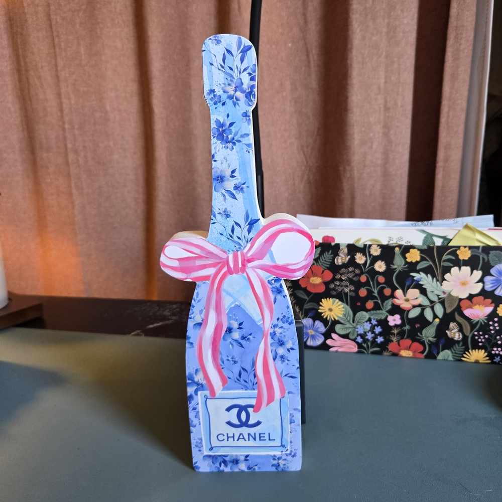 Luxury Fashion Inspired Decor Blue Floral Bottle with Pink Ribbon - Picture 3 of 9